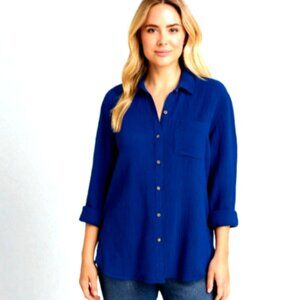 Anne Klein Gauze Women's Button-Up Shirt XS Blue 225P